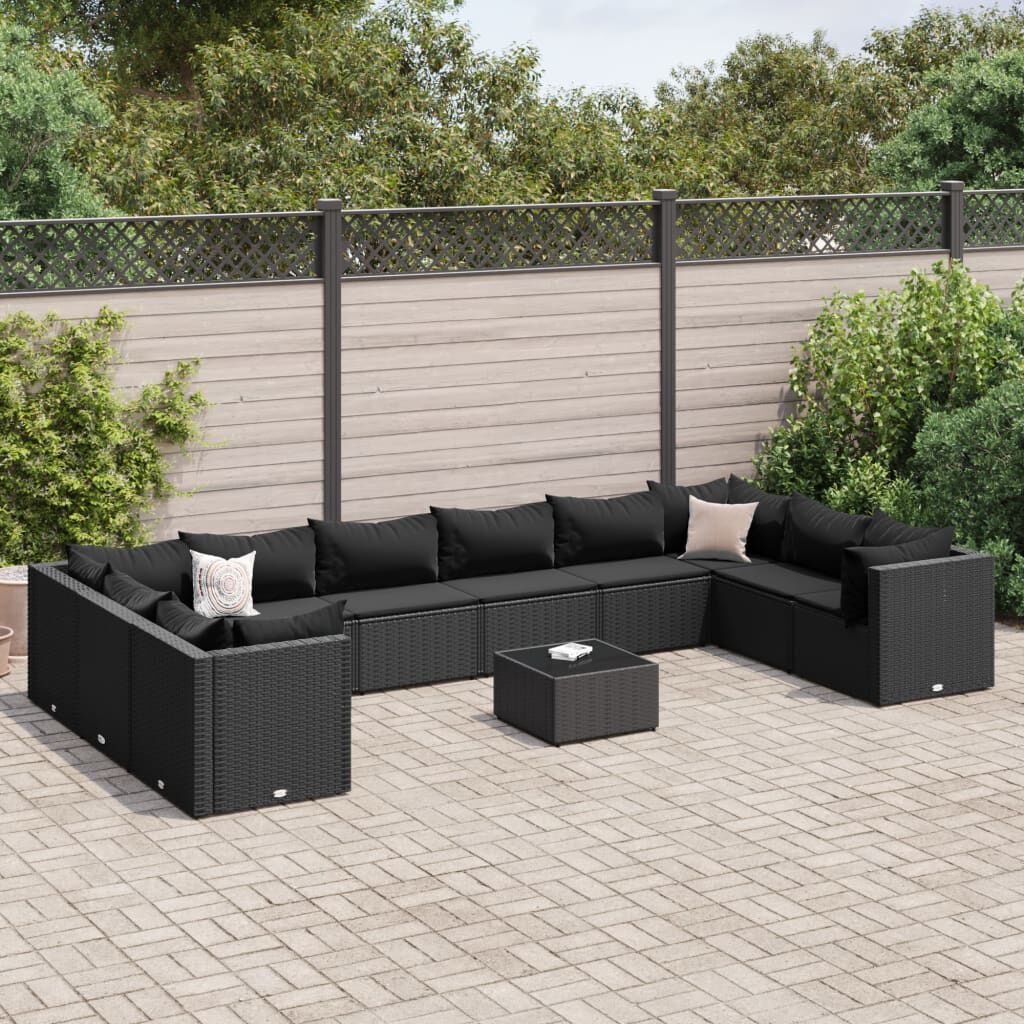vidaXL 11 Piece Garden Lounge Set with Cushions Black Poly Rattan