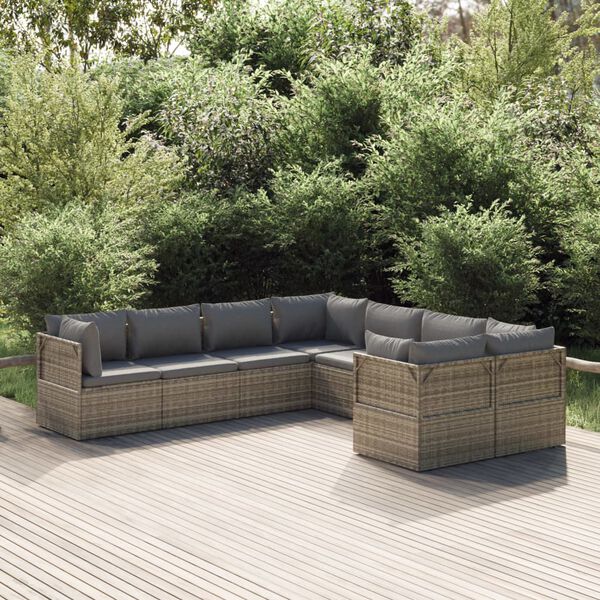 vidaXL 8 Piece Garden Lounge Set with Cushions Grey Poly Rattan