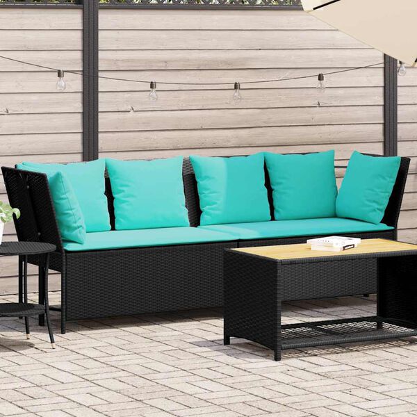 vidaXL Garden Sofa with Cushions Black Poly Rattan
