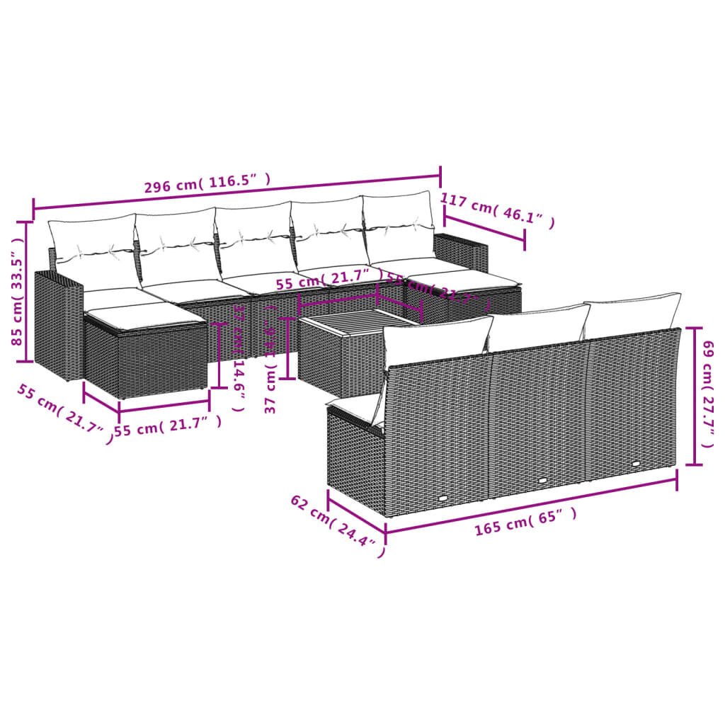 vidaXL 11 Piece Garden Sofa Set with Cushions Grey Poly Rattan
