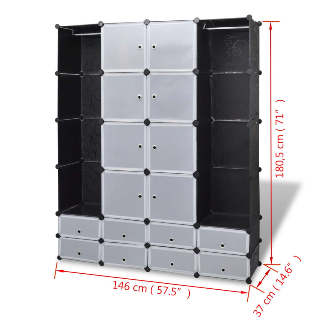 vidaXL Modular Cabinet 18 Compartments Black and White 37x146x180.5 cm