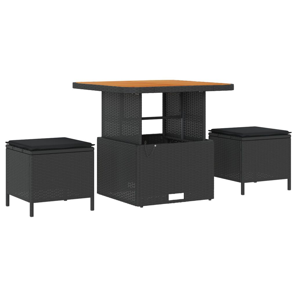 vidaXL 3 Piece Garden Dining Set with Cushions Black Poly Rattan Acacia