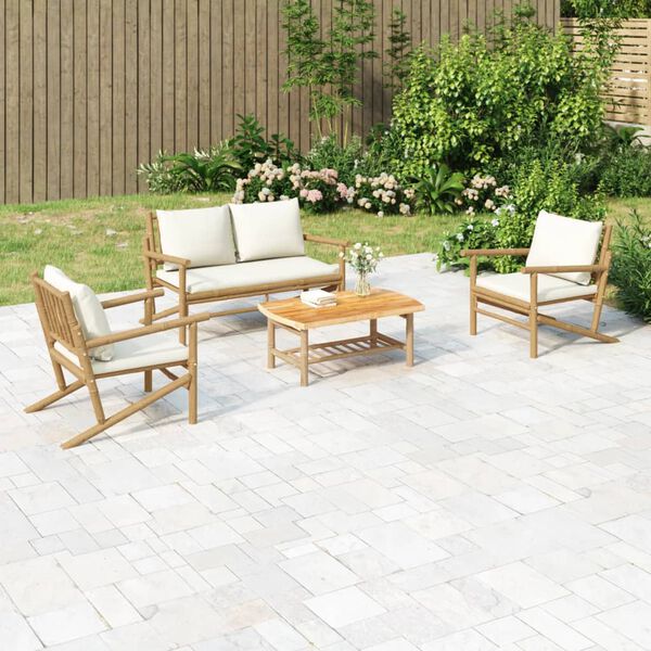 vidaXL 4 Piece Garden Lounge Set with Cream White Cushions Bamboo