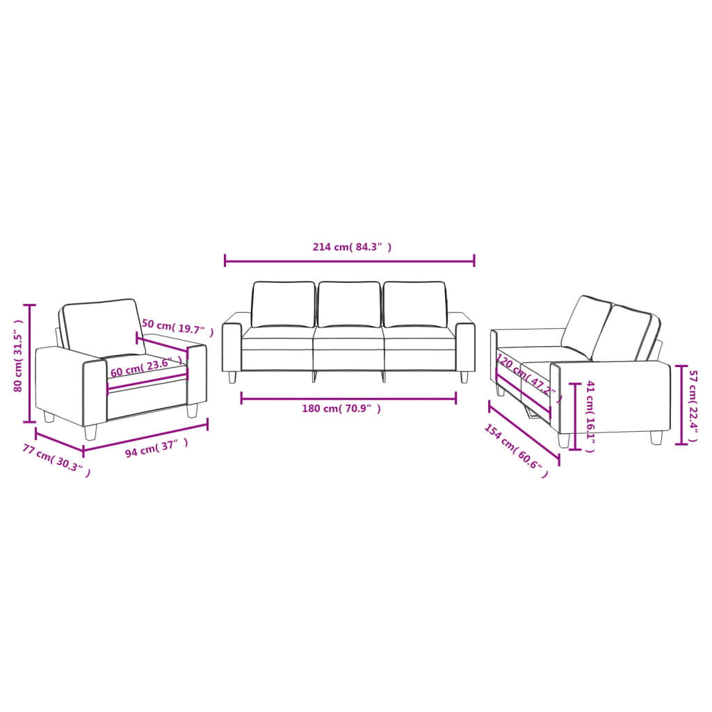 vidaXL 3 Piece Sofa Set Black Fabric