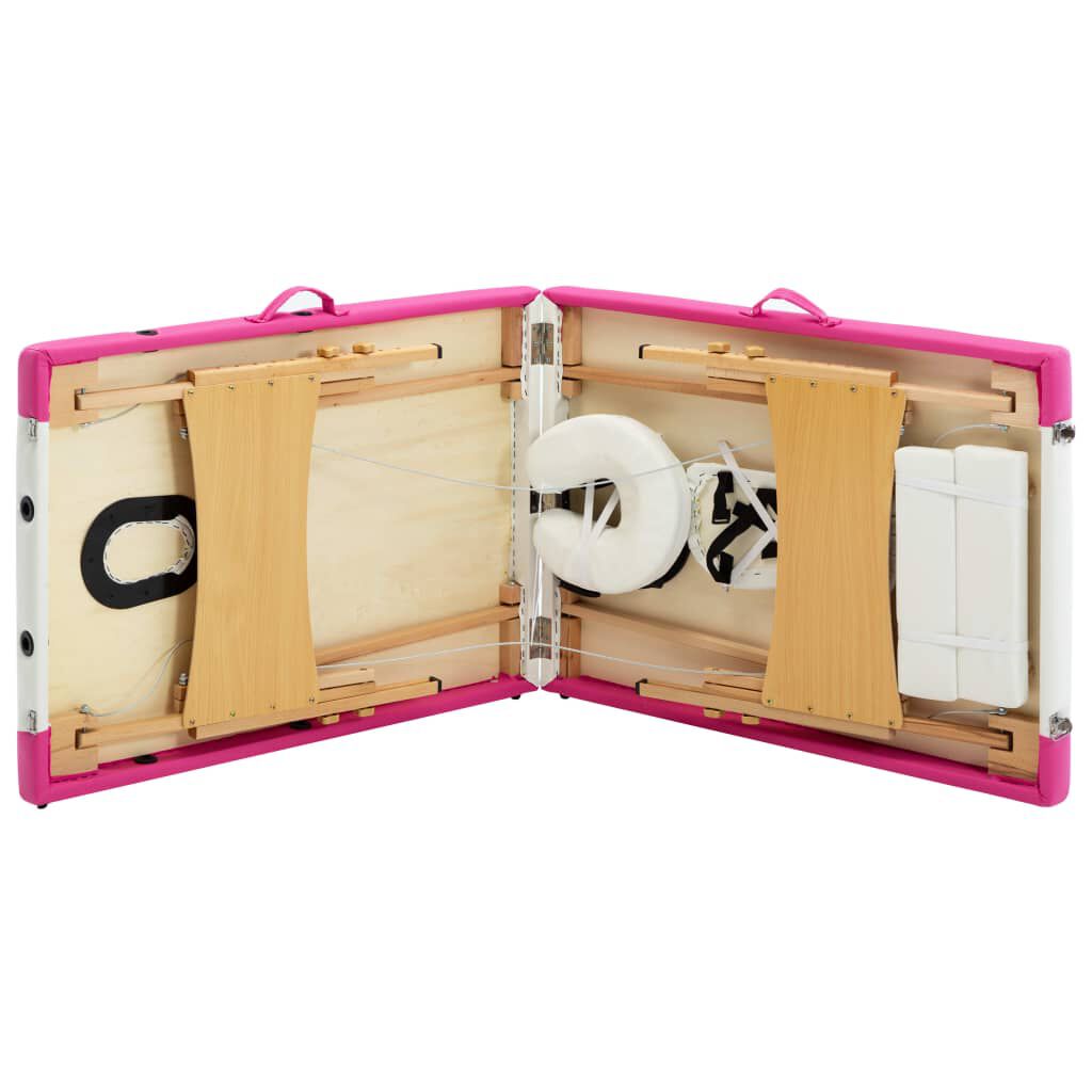 vidaXL Foldable Massage Table 2 Zones Wood White and Pink