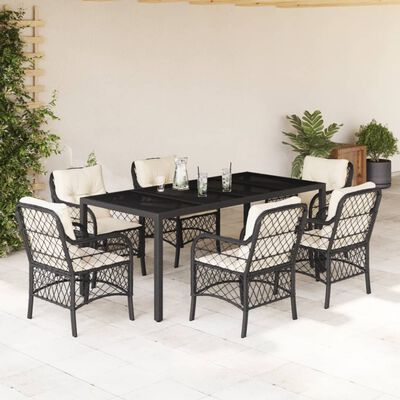 vidaXL 7 Piece Garden Dining Set with Cushions Black Poly Rattan