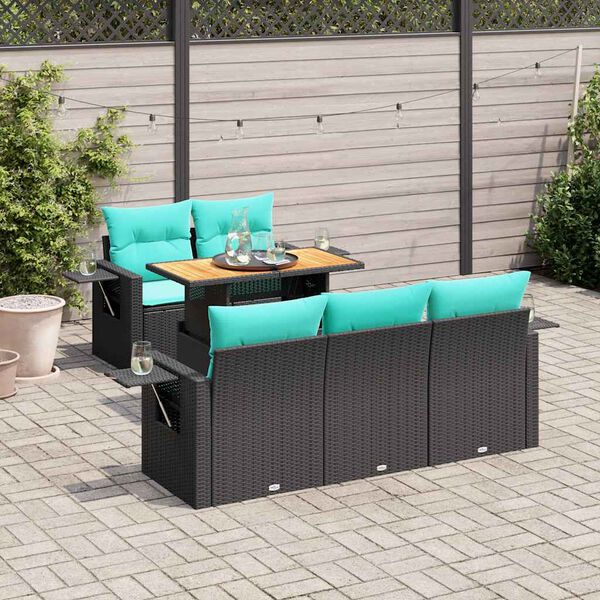 vidaXL 6 Piece Garden Sofa Set with Cushions Black Poly Rattan