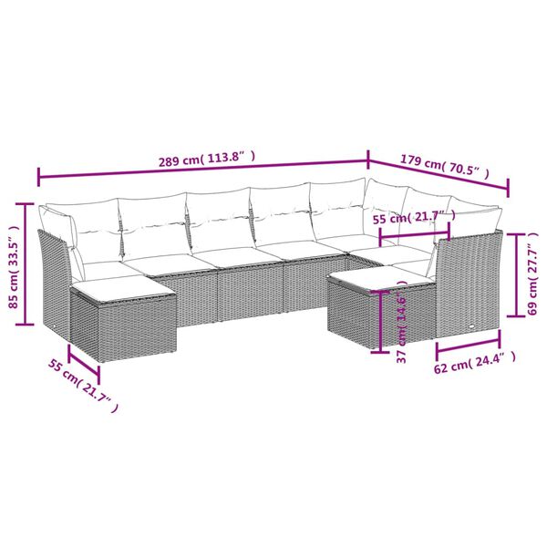 vidaXL 9 Piece Garden Sofa Set with Cushions Grey Poly Rattan
