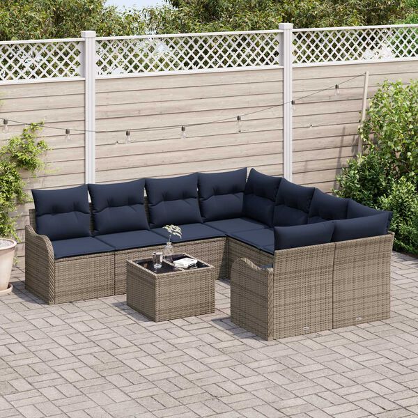 vidaXL 9 Piece Garden Sofa Set with Cushions Grey Poly Rattan