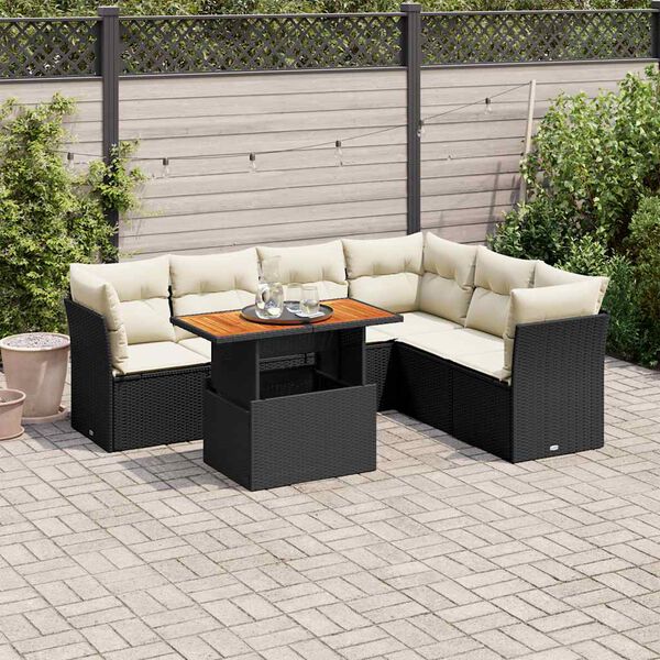 vidaXL 7 Piece Garden Sofa Set with Cushions Black Poly Rattan