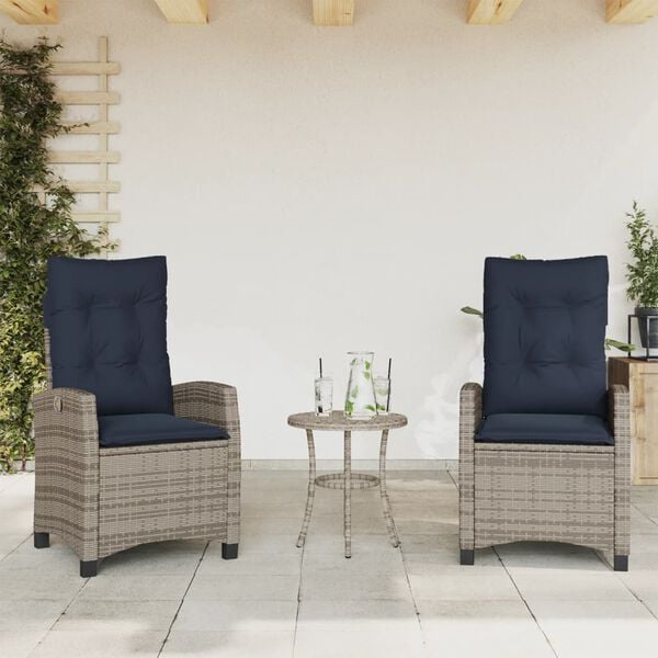 vidaXL Reclining Garden Chairs 2 pcs with Cushions Grey Poly Rattan