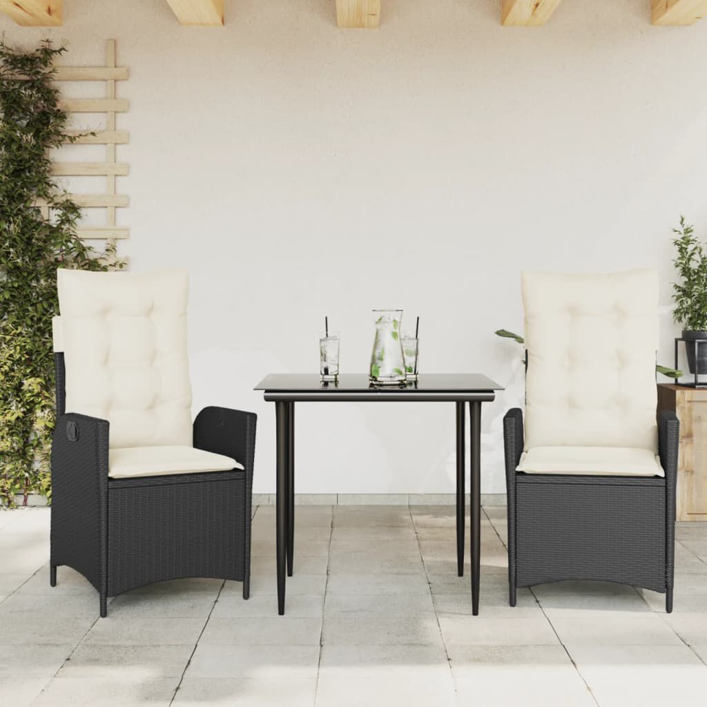 vidaXL 3 Piece Garden Dining Set with Cushions Black Poly Rattan