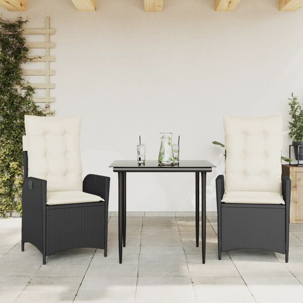 vidaXL 3 Piece Garden Dining Set with Cushions Black Poly Rattan