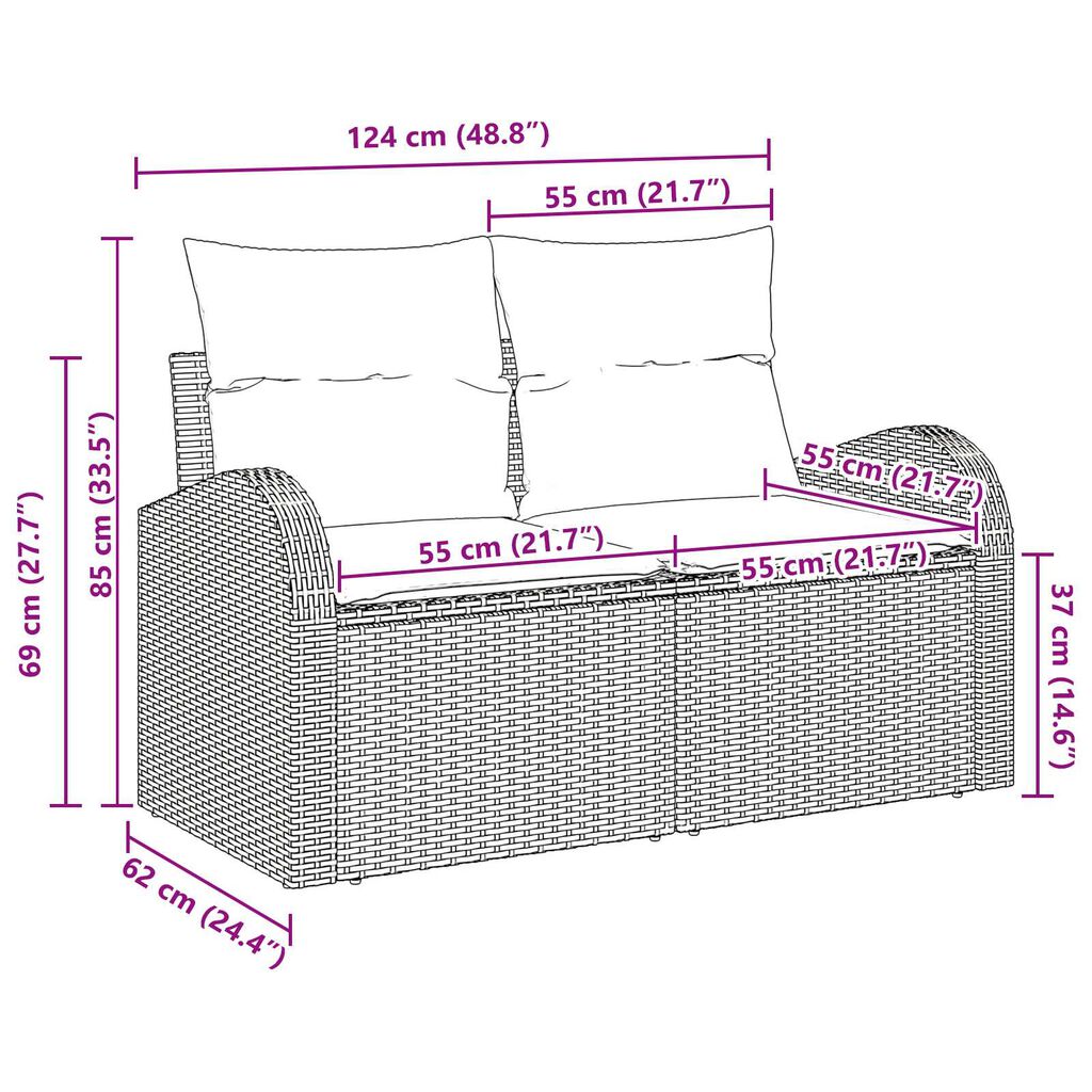 vidaXL 2-Seater Garden Sofa with Cushions Brown Poly Rattan
