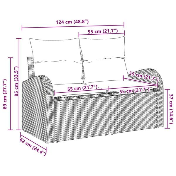 vidaXL 2-Seater Garden Sofa with Cushions Brown Poly Rattan