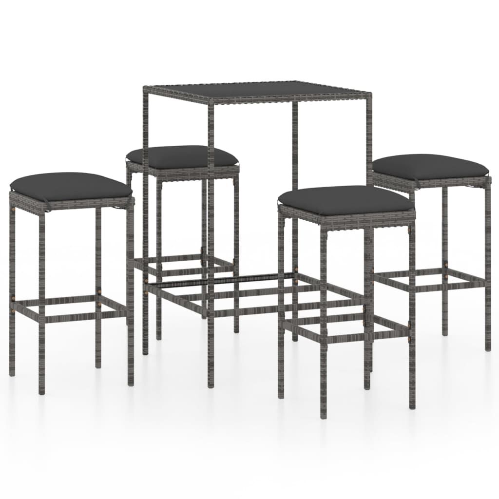 vidaXL 5 Piece Garden Bar Set with Cushions Poly Rattan Grey