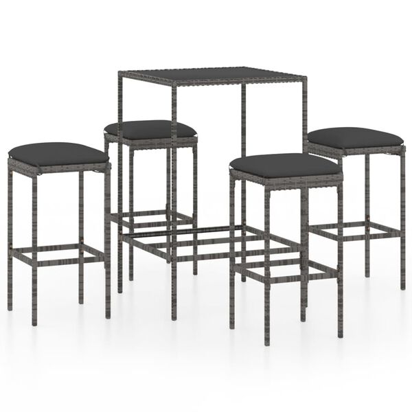 vidaXL 5 Piece Garden Bar Set with Cushions Poly Rattan Grey