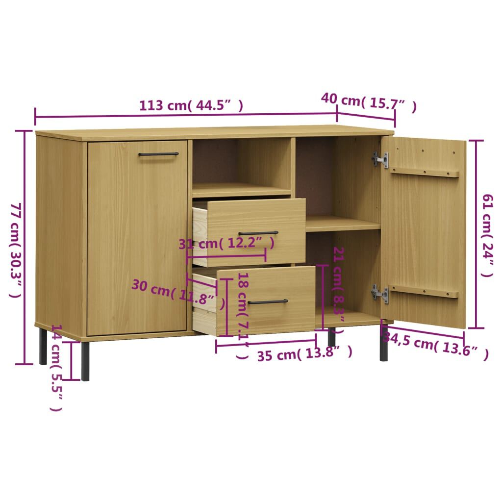 vidaXL Sideboard with Metal Legs Brown 113x40x77 cm Solid Wood OSLO