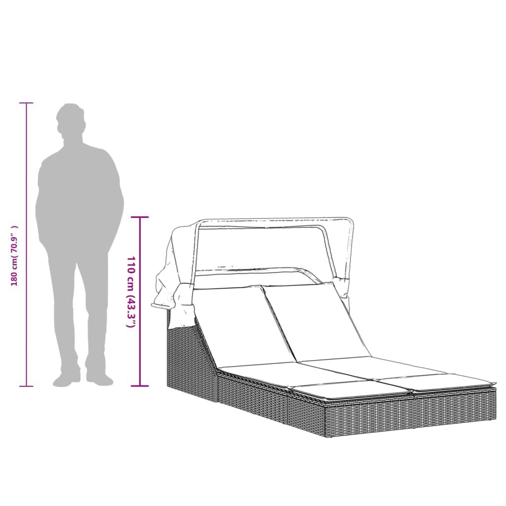 vidaXL Double Sun Lounger with Canopy and Cushions Black Poly Rattan