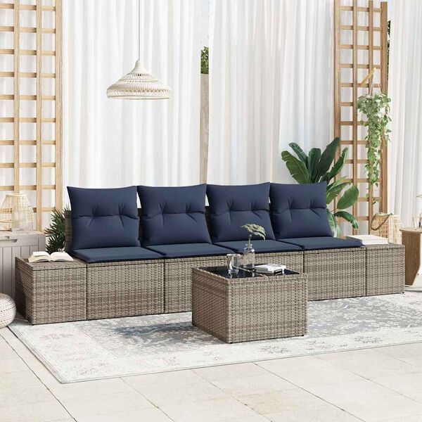 vidaXL Sofa Set with Cushion 5 pcs Grey Poly Rattan