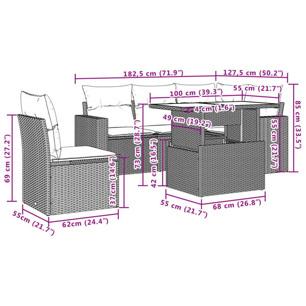 vidaXL 6 Piece Garden Sofa Set with Cushions Grey Poly Rattan