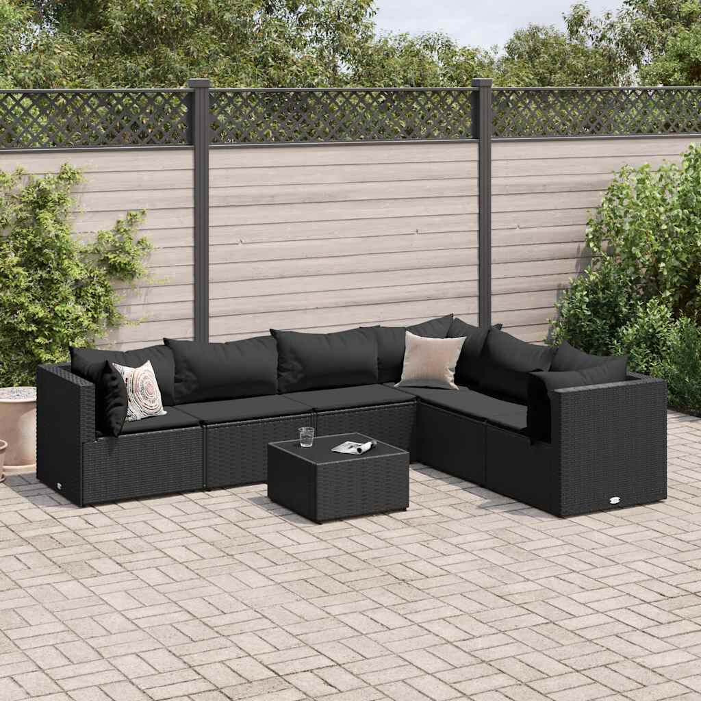 vidaXL 7 Piece Garden Lounge Set with Cushions Black Poly Rattan