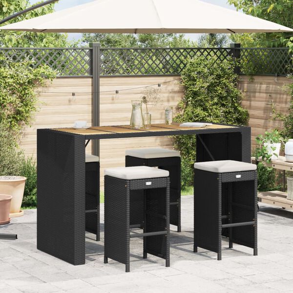 vidaXL Garden Bar Stools with Cushions 4 pcs Black Poly Rattan