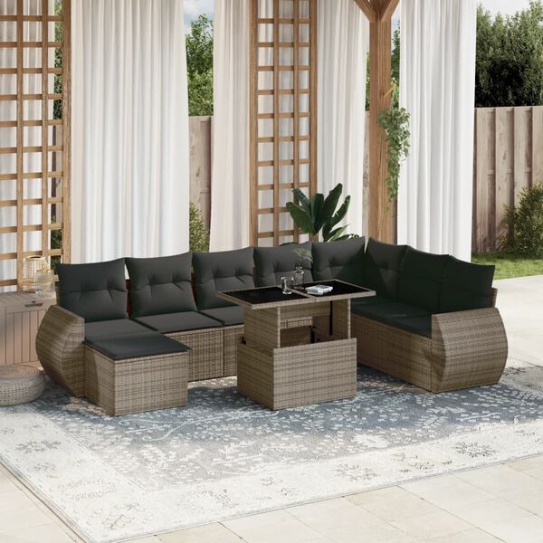vidaXL 9 Piece Garden Sofa Set with Cushions Grey Poly Rattan