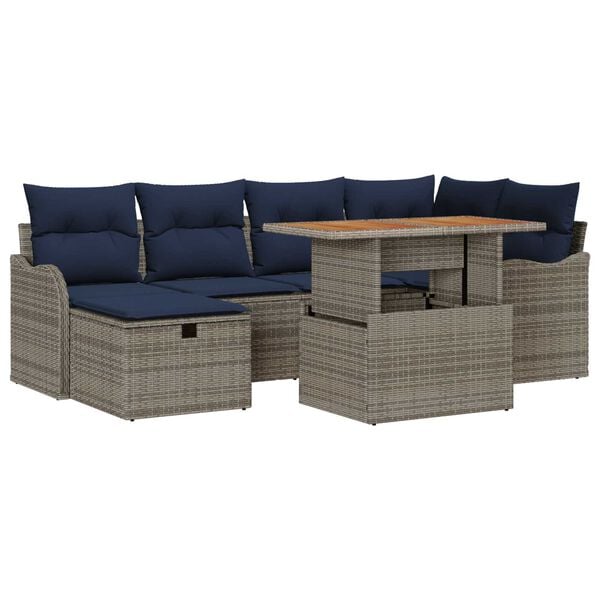 vidaXL 7 Piece Garden Sofa Set with Cushions Grey Poly Rattan