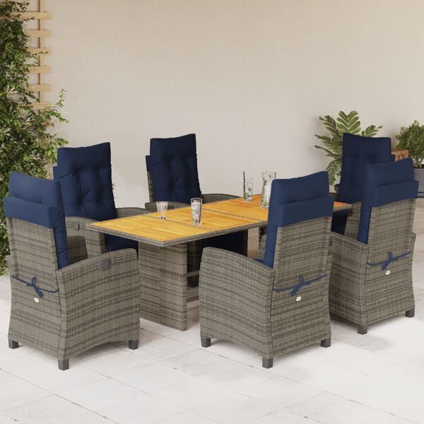vidaXL 7 Piece Garden Dining Set with Cushions Grey Poly Rattan