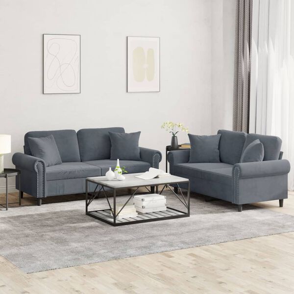 vidaXL 2 Piece Sofa Set with Pillows Dark Grey Velvet
