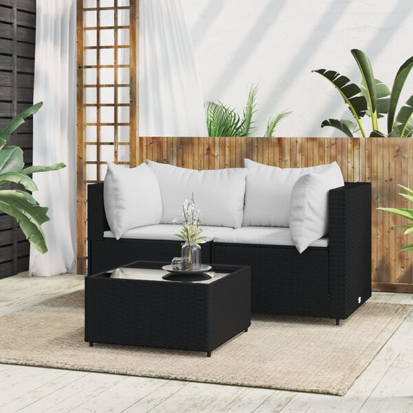 vidaXL 3 Piece Garden Lounge Set with Cushions Black Poly Rattan