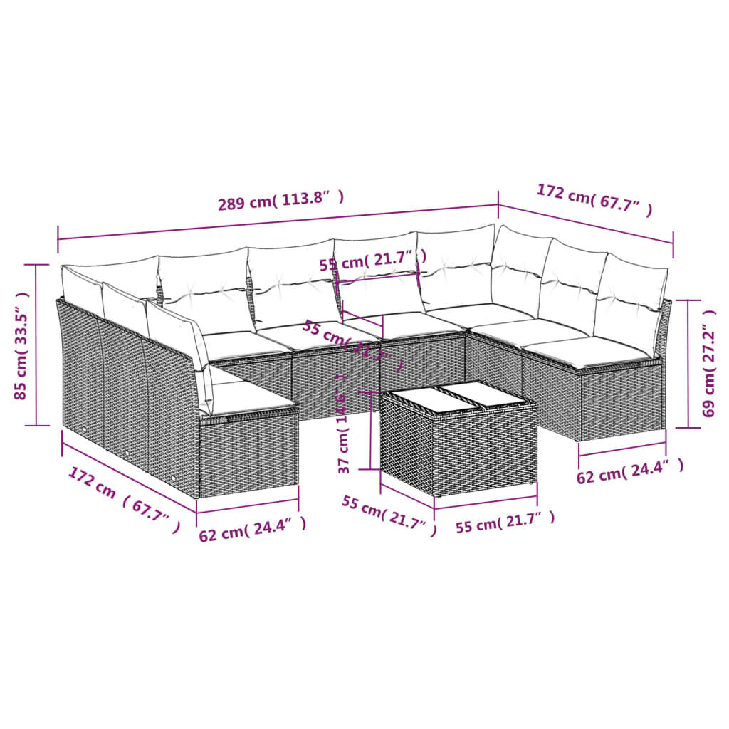vidaXL 10 Piece Garden Sofa Set with Cushions Brown Poly Rattan