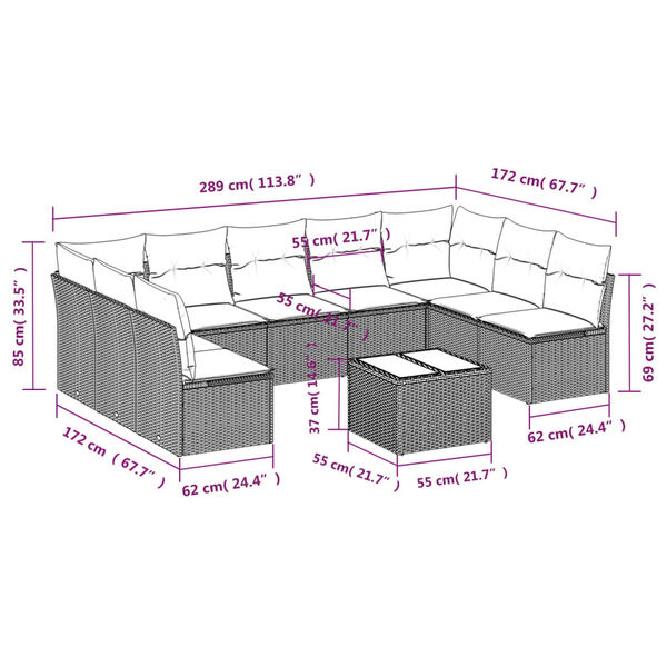 vidaXL 10 Piece Garden Sofa Set with Cushions Brown Poly Rattan