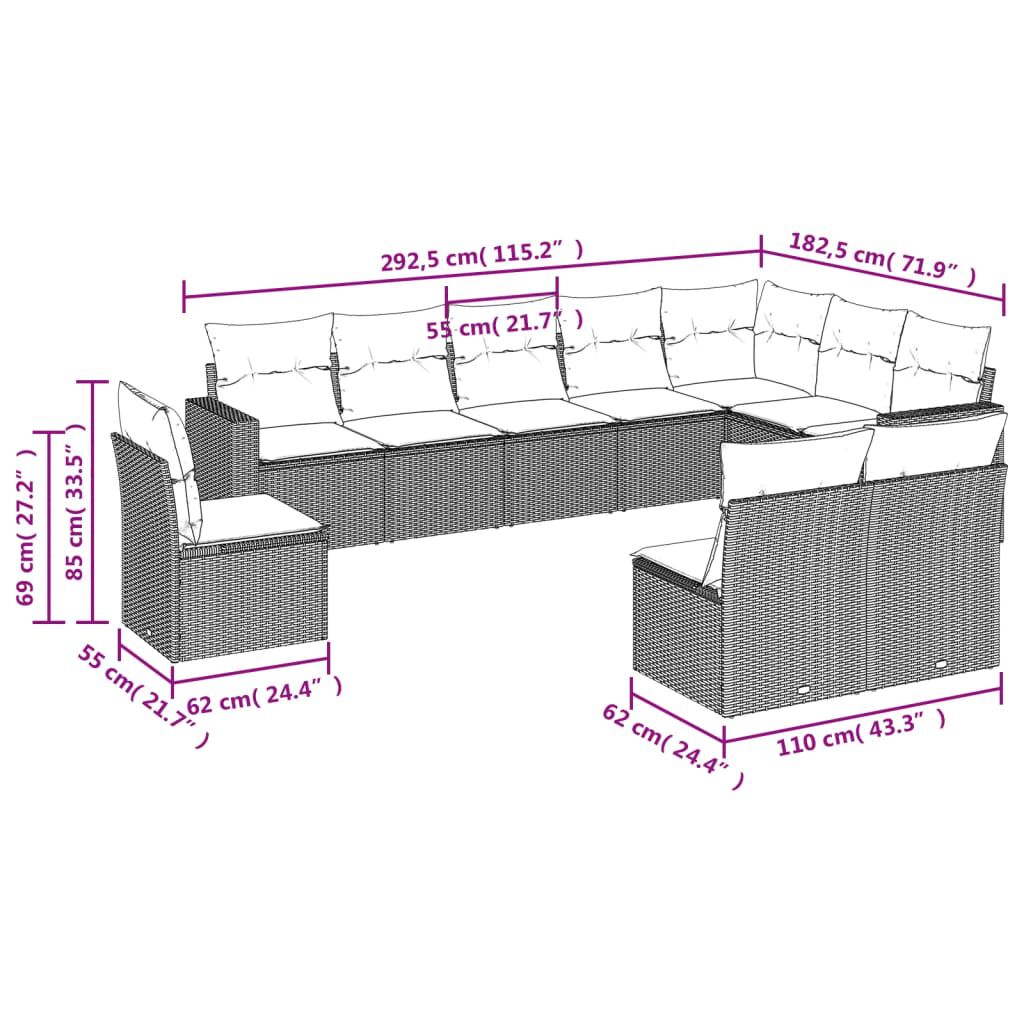 vidaXL 10 Piece Garden Sofa Set with Cushions Black Poly Rattan
