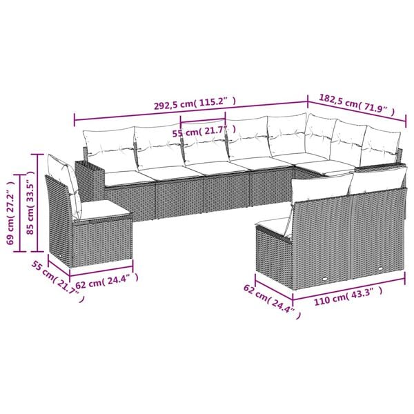 vidaXL 10 Piece Garden Sofa Set with Cushions Black Poly Rattan
