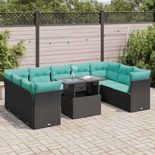 vidaXL 10 Piece Garden Sofa Set with Cushions Black Poly Rattan Acacia