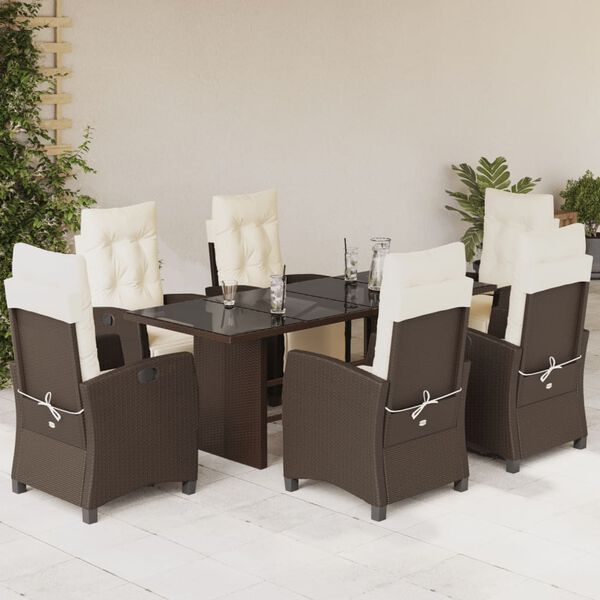 vidaXL 7 Piece Garden Dining Set with Cushions Brown Poly Rattan