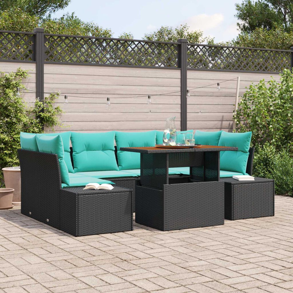 vidaXL 7 Piece Garden Sofa Set with Cushions Black Poly Rattan