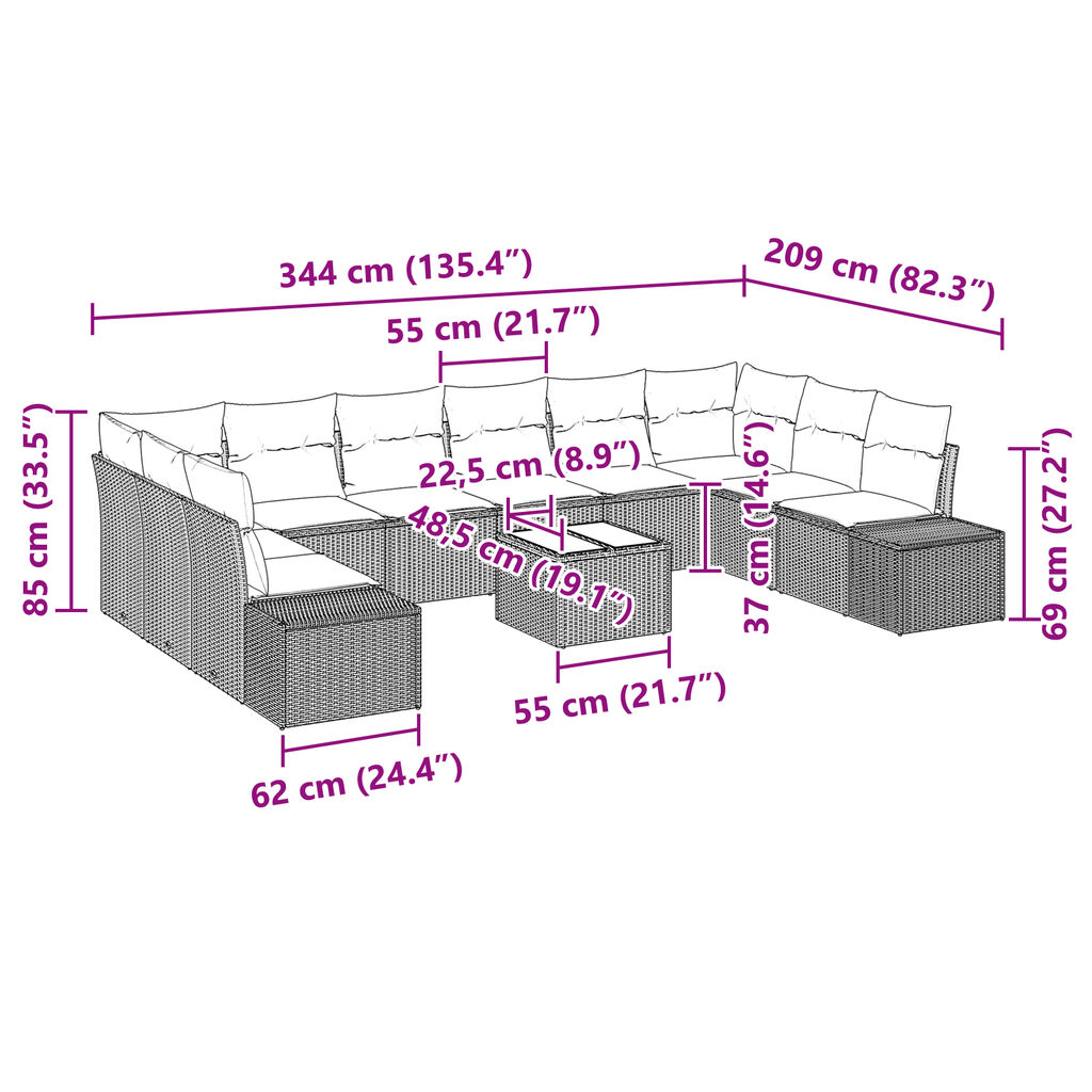 vidaXL 11 Piece Garden Sofa Set with Cushions Grey Poly Rattan