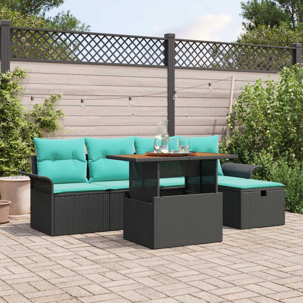 vidaXL 6 Piece Garden Sofa Set with Cushions Black Poly Rattan