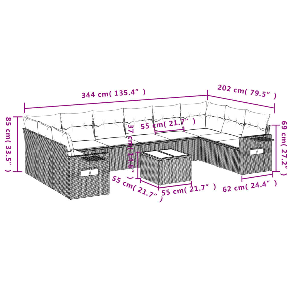 vidaXL 11 Piece Garden Sofa Set with Cushions Grey Poly Rattan