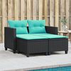 vidaXL Garden Sofa 2-Seater with Stools Black Poly Rattan
