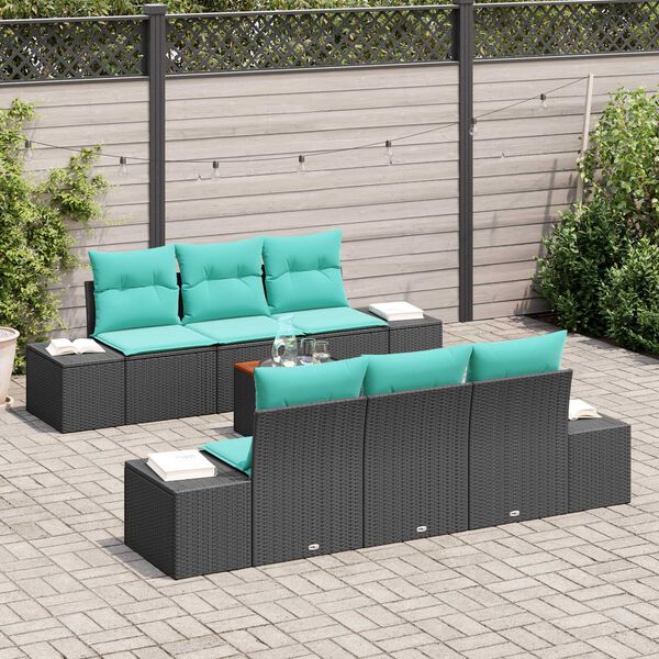 vidaXL 7 Piece Garden Sofa Set with Cushions Black Poly Rattan Acacia