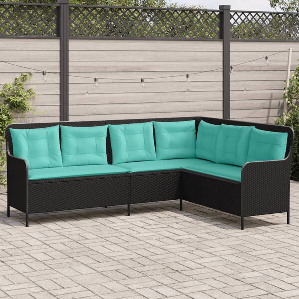 vidaXL Garden Sofa with Cushions L-Shaped Black Poly Rattan