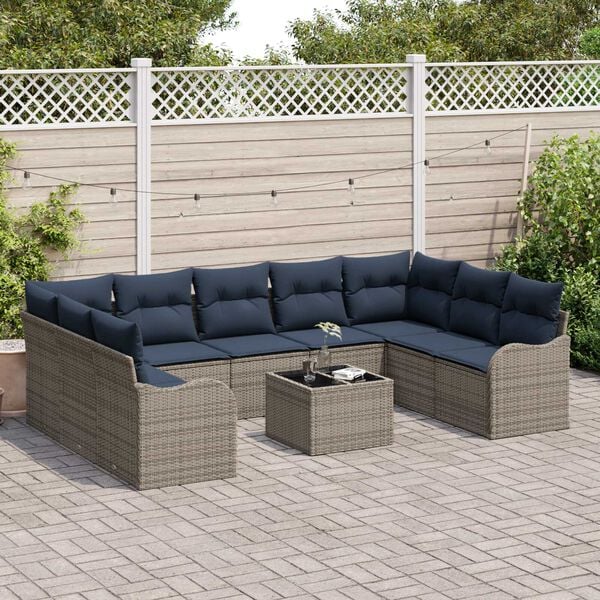 vidaXL 10 Piece Garden Sofa Set with Cushions Grey Poly Rattan