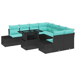 vidaXL Garden Sofa Set with Cushion 9 pcs Black and Blue Poly Rattan
