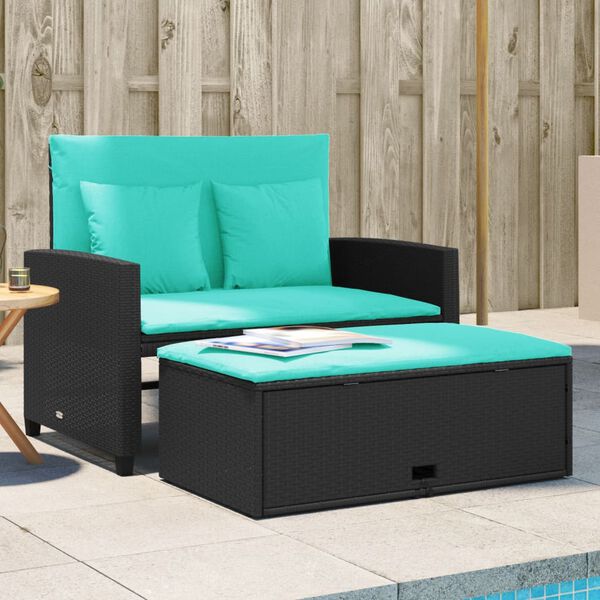 vidaXL Garden Sofa with Cushions 2-Seater Black Poly Rattan