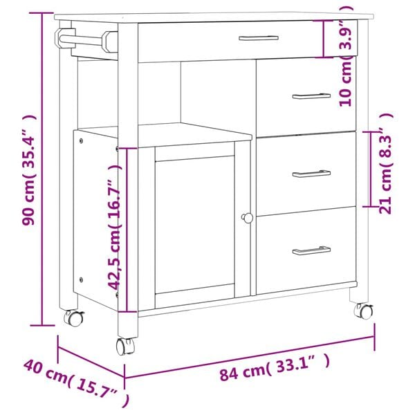 vidaXL Kitchen Trolley MONZA 84x40x90 cm Solid Wood Pine