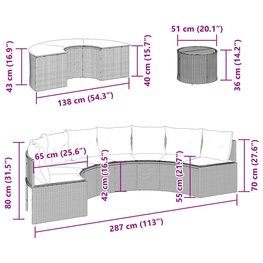 vidaXL 3 Piece Garden Sofa Set Half-Round Grey Poly Rattan